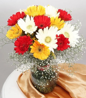 Mix Color Gerbera Bouquet - 10 Assorted Gerbera Daisy in Round Glass Vase